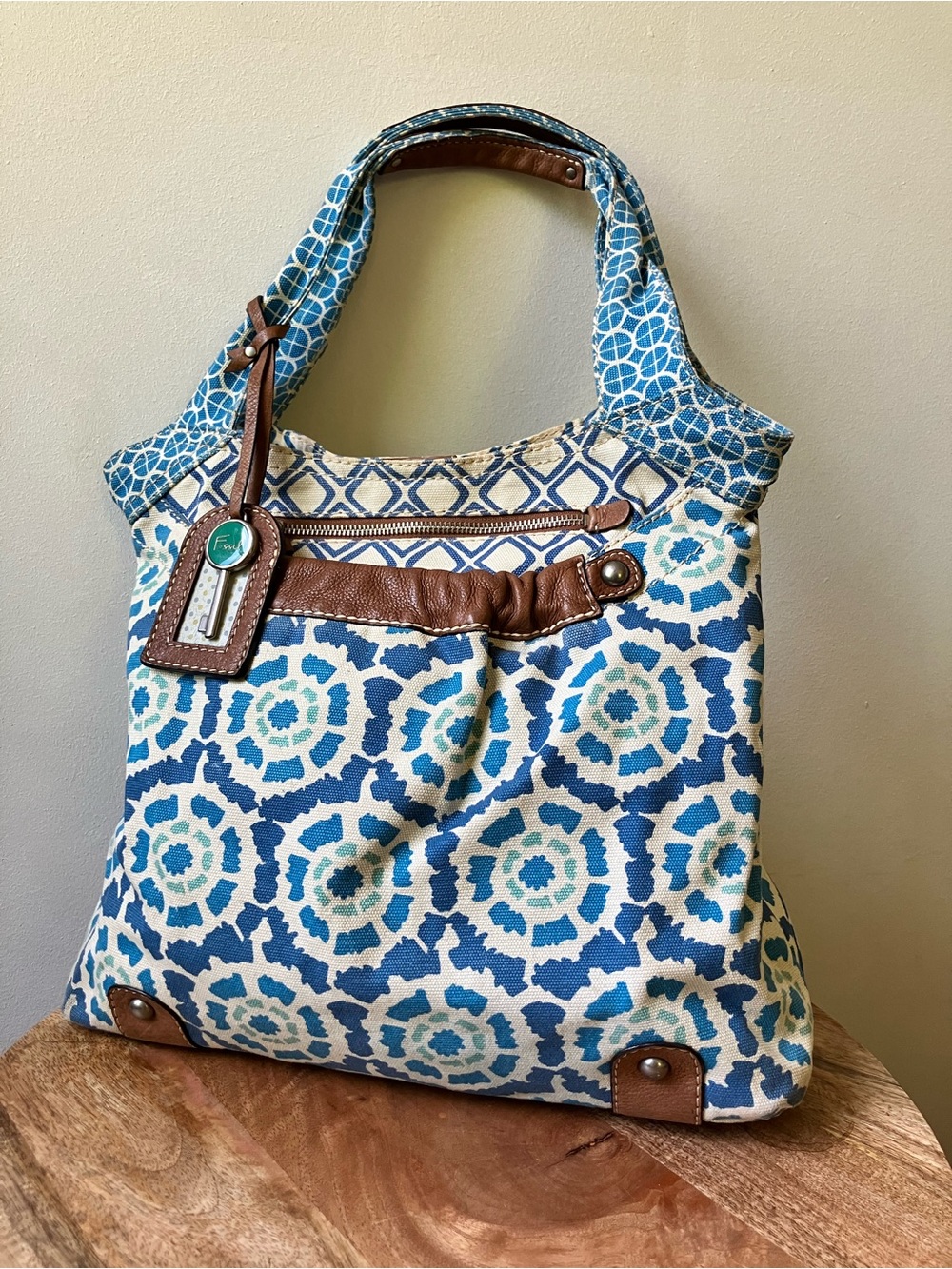 Fossil | Keyper Vintage Cotton Canvas Mosaic Leather Trim Tote